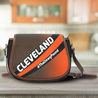Load image into Gallery viewer, Designs by MyUtopia Shout Out:#TheDawgPound Cleveland Fan Saddlebag Style Canvas Crossbody Purse

