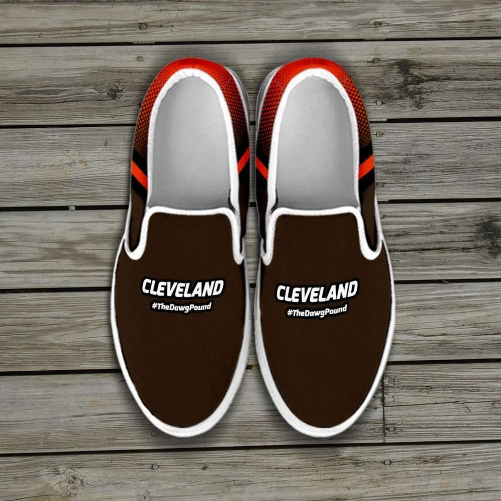 Designs by MyUtopia Shout Out:#TheDawgPound Cleveland Fan Slip-on Sneakers,Men's US8 (EU40) / Brown,Slip on sneakers