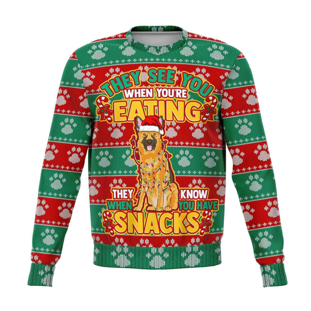Designs by MyUtopia Shout Out:They See You When Your Eating Snacks German Shephard - 3D Ugly Christmas Holiday Fashion Sweatshirt,XS,Fashion Sweatshirt - AOP