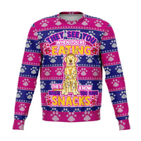 Load image into Gallery viewer, Designs by MyUtopia Shout Out:They See You When Your Eating Snacks Golden Retriever - 3D Ugly Christmas Holiday Fashion Sweatshirt,XS / Pink/Blue,Fashion Sweatshirt - AOP

