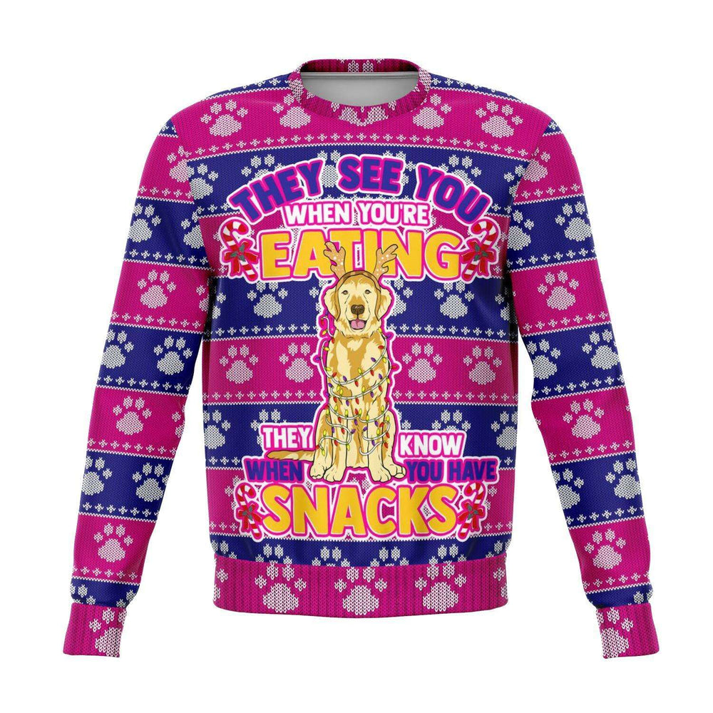 Designs by MyUtopia Shout Out:They See You When Your Eating Snacks Golden Retriever - 3D Ugly Christmas Holiday Fashion Sweatshirt,XS / Pink/Blue,Fashion Sweatshirt - AOP