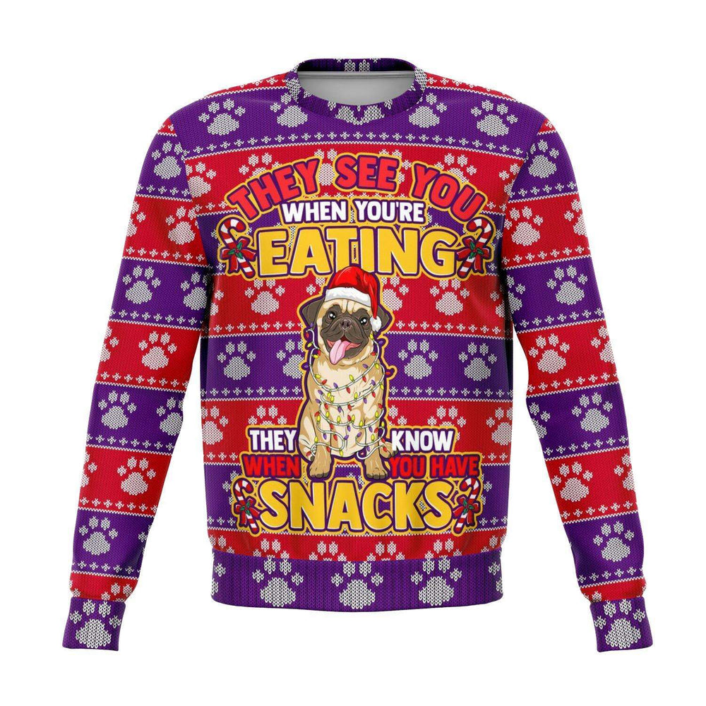 Designs by MyUtopia Shout Out:They See You When You're Eating Funny Pug 3d Ugly Christmas Fashion Sweatshirt,XS / Multi,Fashion Sweatshirt - AOP