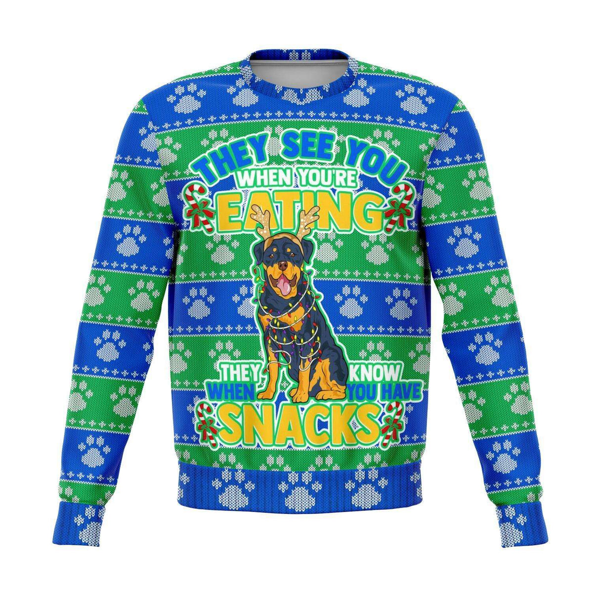 Designs by MyUtopia Shout Out:They See You When You're Eating Snacks Rottweiler - 3D Ugly Christmas Holiday Fashion Sweatshirt,XS / Multi,Fashion Sweatshirt - AOP