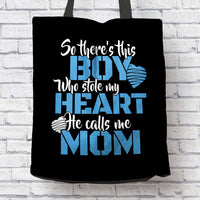 Load image into Gallery viewer, Designs by MyUtopia Shout Out:Thie Boy Who Stole My Heart Calls Me Mom Fabric Totebag Reusable Shopping Tote
