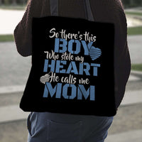 Load image into Gallery viewer, Designs by MyUtopia Shout Out:Thie Boy Who Stole My Heart Calls Me Mom Fabric Totebag Reusable Shopping Tote

