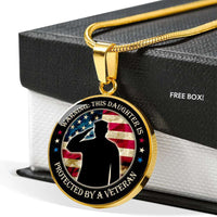 Load image into Gallery viewer, Designs by MyUtopia Shout Out:This Daughter is Protected by a Veteran Handcrafted Pendant Necklace Optional Message Engraved on back Personalized Gift For Her,18K Gold Finish,Circle Pendant Necklace
