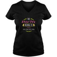 Load image into Gallery viewer, Designs by MyUtopia Shout Out:This Mom Belongs To Personalized Ladies V Neck Tee,S / Black,Ladies T-Shirts

