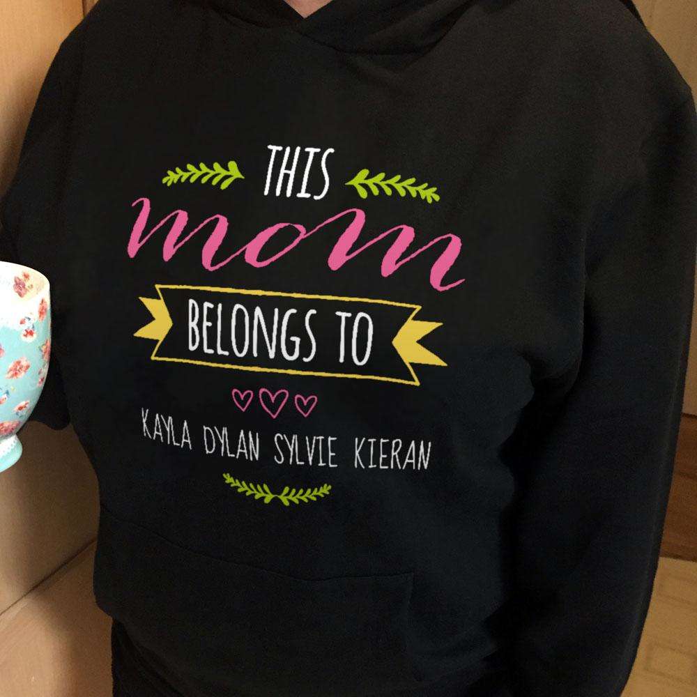 Designs by MyUtopia Shout Out:This Mom Belongs To Personalized with Kid's Names Adult Hoodie,Black / S,Pullover Hoodie