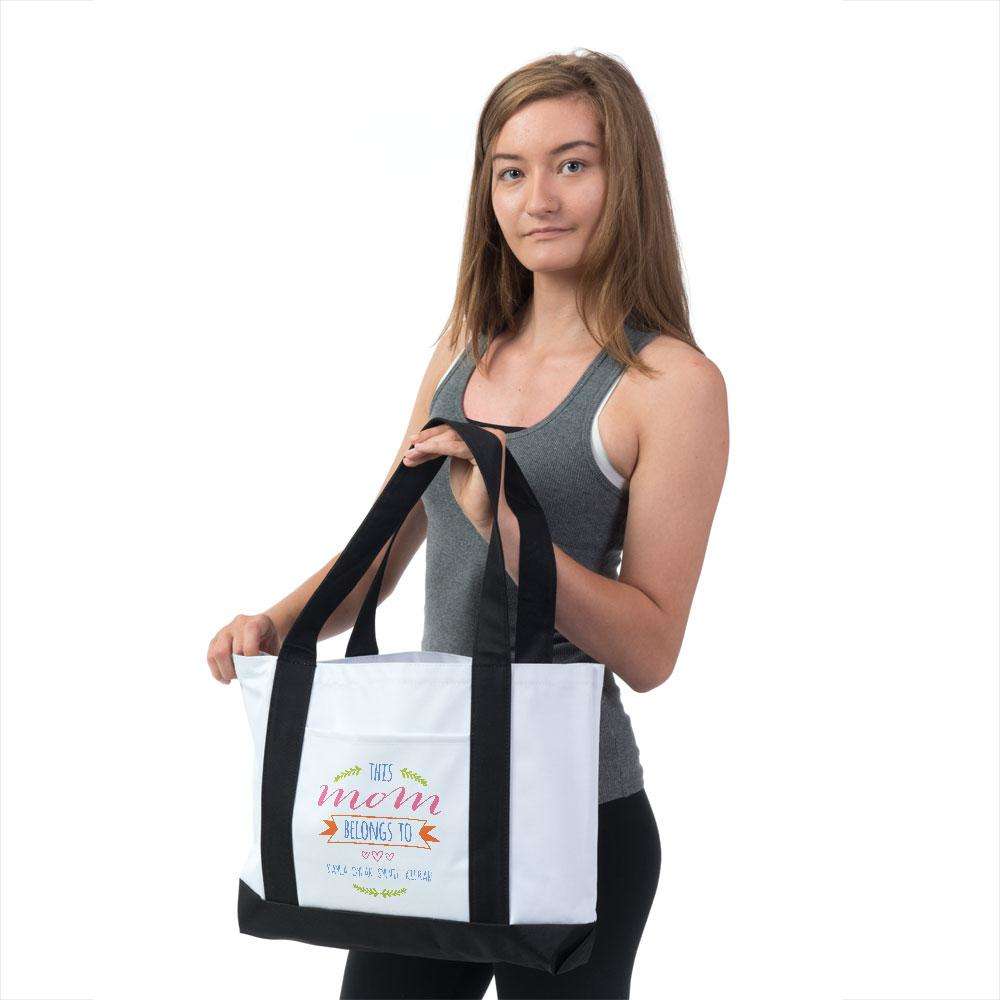 Designs by MyUtopia Shout Out:This Mom Belongs To Personalized with Kid's Names Canvas Totebag Gym / Beach / Pool Gear Bag
