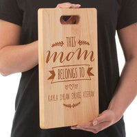 Load image into Gallery viewer, Designs by MyUtopia Shout Out:This Mom Belongs To Personalized with Kid&#39;s Names Maple Laser Engraved Cutting Board
