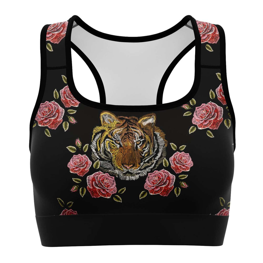 Designs by MyUtopia Shout Out:Tiger in Pink Roses Sports / Fitness Bra,XS,Sports Bra - AOP