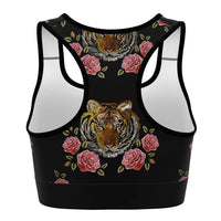 Load image into Gallery viewer, Designs by MyUtopia Shout Out:Tiger in Pink Roses Sports / Fitness Bra
