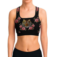 Load image into Gallery viewer, Designs by MyUtopia Shout Out:Tiger in Pink Roses Sports / Fitness Bra
