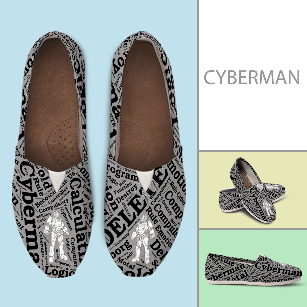 Designs by MyUtopia Shout Out:Timey Wimey Cyberman Casual Canvas Slip on Shoes Women's Flats,Ladies US6 (EU36) / Grey/Black,Slip on Flats