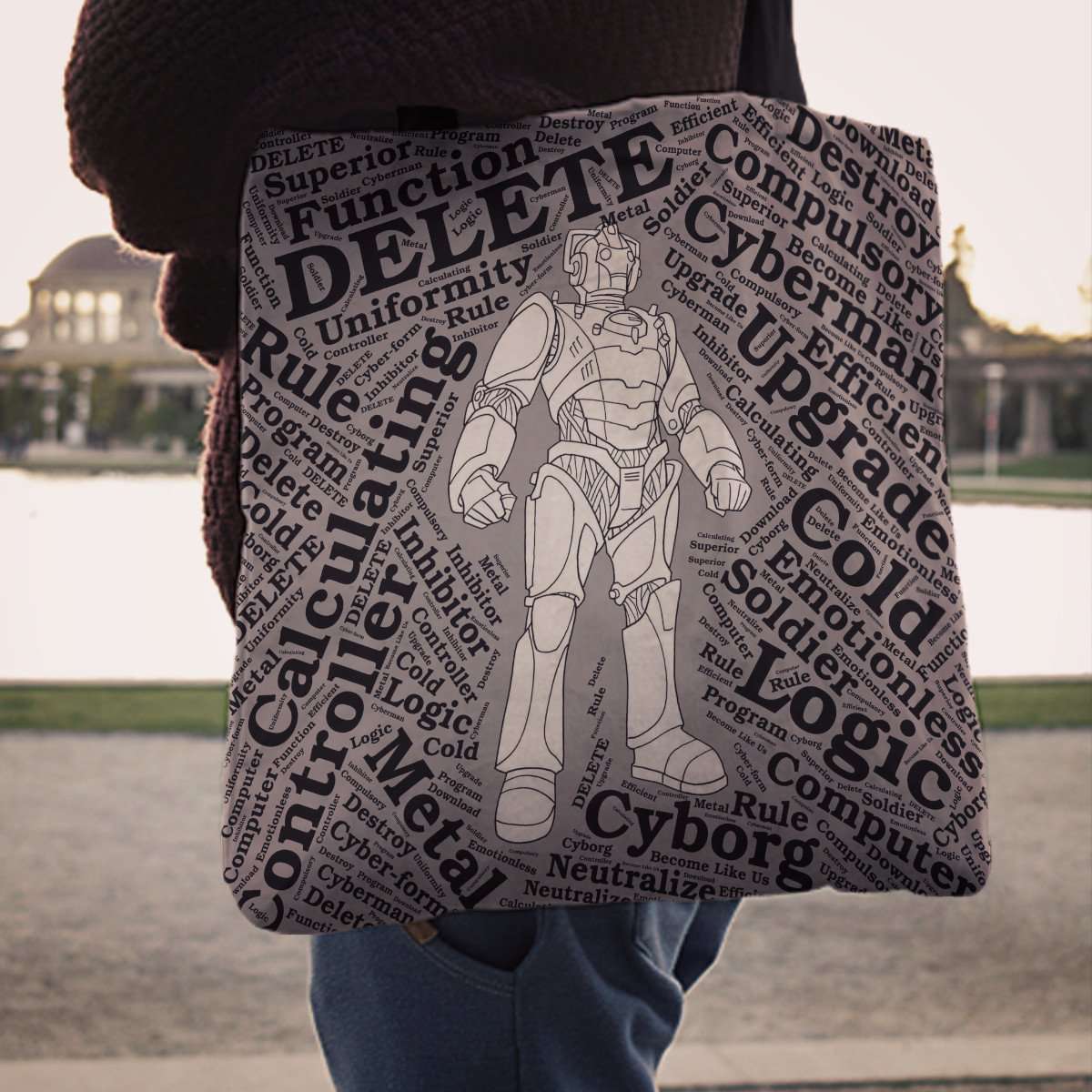 Designs by MyUtopia Shout Out:Timey Wimey Cyberman Fabric Totebag Reusable Shopping Tote