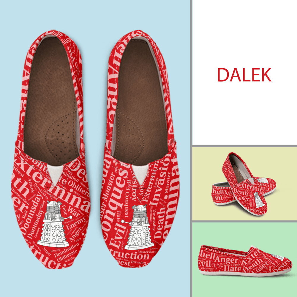 Designs by MyUtopia Shout Out:Timey Wimey Dalek Casual Canvas Slip on Shoes Women's Flats,Ladies US6 (EU36) / Red,Slip on Flats