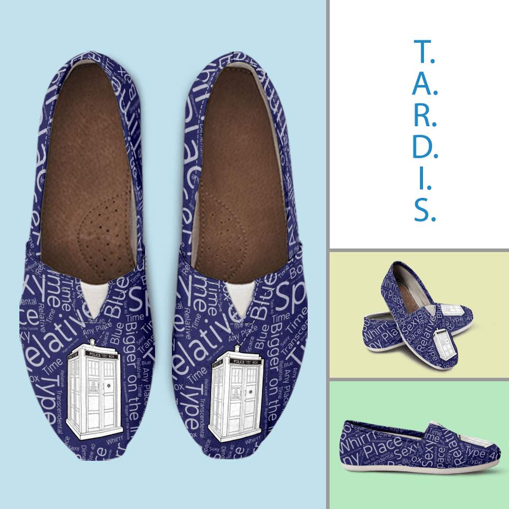 Designs by MyUtopia Shout Out:Timey Wimey TARDIS Casual Canvas Slip on Shoes Women's Flats,Ladies US6 (EU36) / Blue/White,Slip on Flats