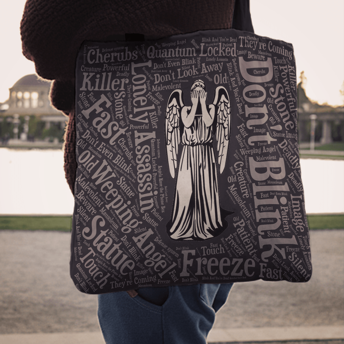 Designs by MyUtopia Shout Out:Timey Wimey Weeping Angel Fabric Totebag Reusable Shopping Tote