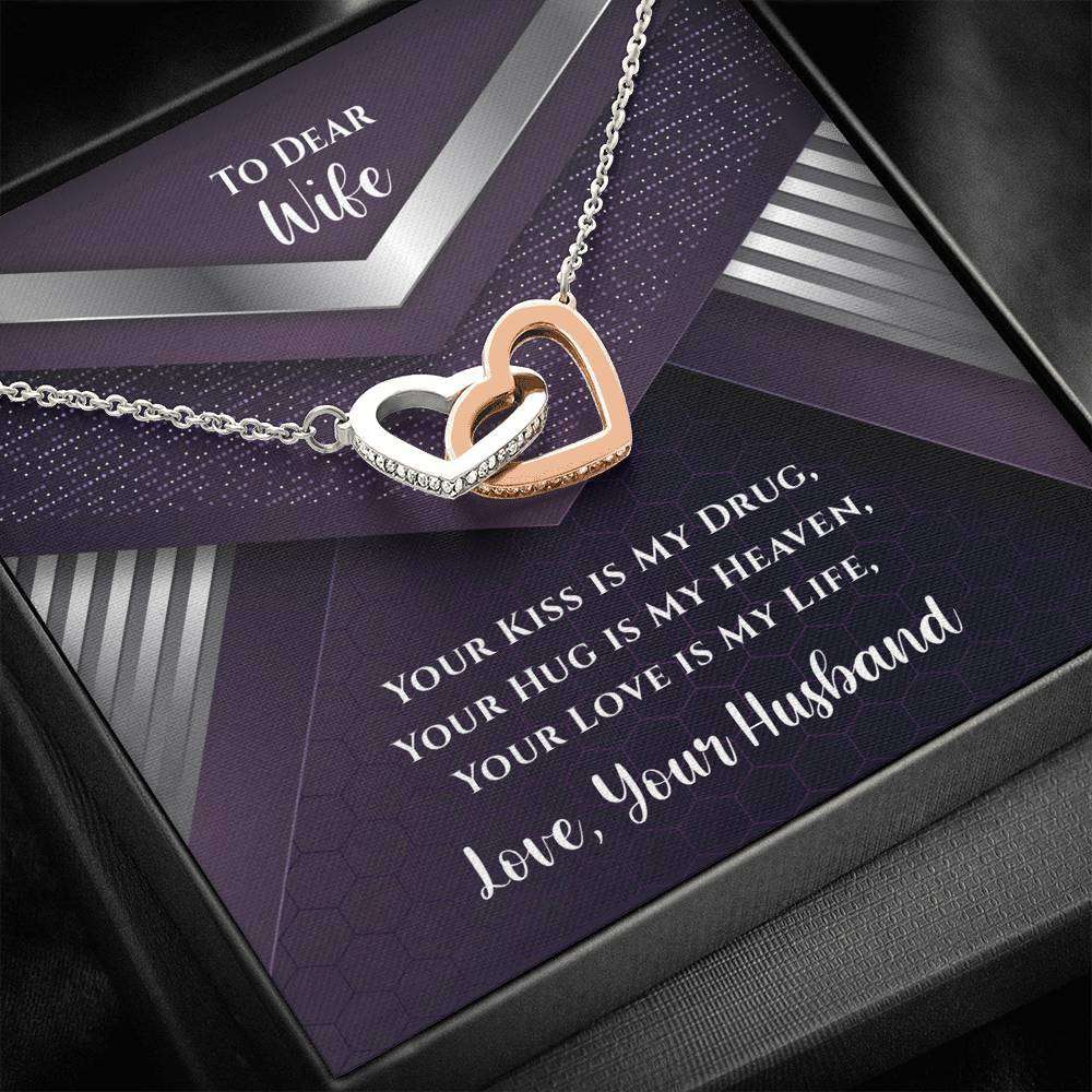 Designs by MyUtopia Shout Out:To My Dear Wife Gift Necklace with Personalized Message card - Interlocked Pair of Hearts Necklace with a Your Hug is my Heaven Personalized Message Card,Standard Box / White and Rose Gold,Interlocking Hearts Crystal Necklace
