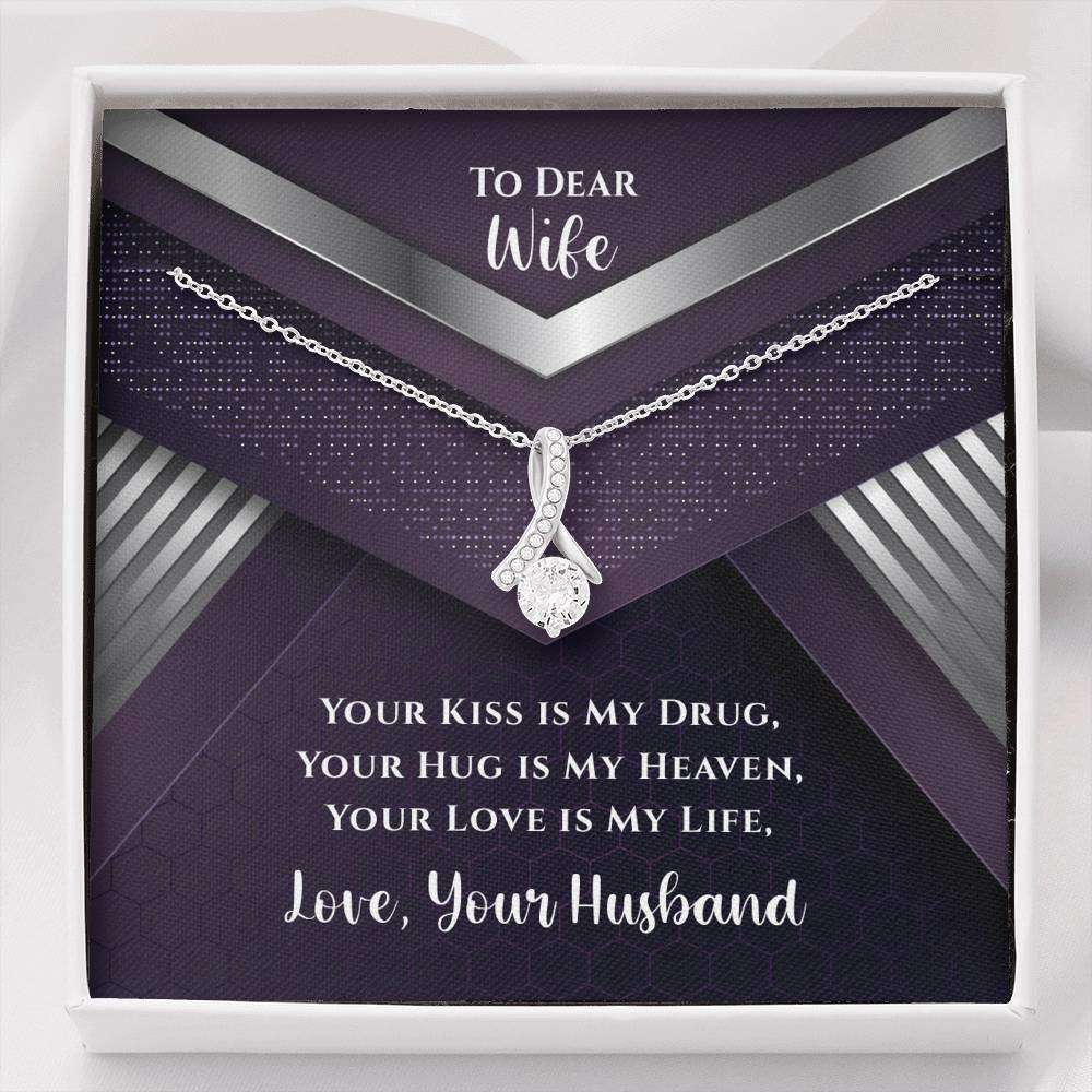 Designs by MyUtopia Shout Out:To My Dear Wife Gift Necklace with Personalized Message Card - Ribbon Cubic Zirconia Necklace with Personalized Your Hug is My Heaven Card,Standard Box / 14k White Gold Finish,Alluring Beauty Necklace