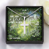 Load image into Gallery viewer, Designs by MyUtopia Shout Out:To My Girlfriend Personalized Bible Verse Message Card Artesian Cross Necklace,Standard Box / 14K White Gold Finish,Cross Necklace
