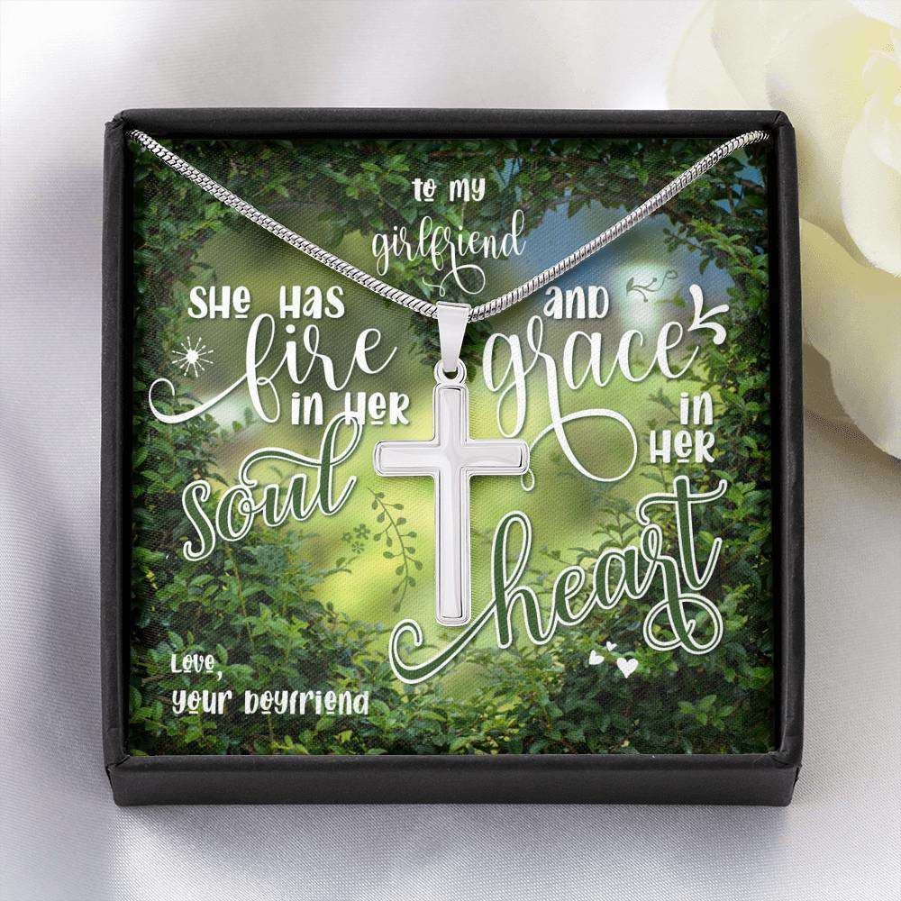 Designs by MyUtopia Shout Out:To My Girlfriend Personalized Bible Verse Message Card Artesian Cross Necklace,Standard Box / 14K White Gold Finish,Cross Necklace