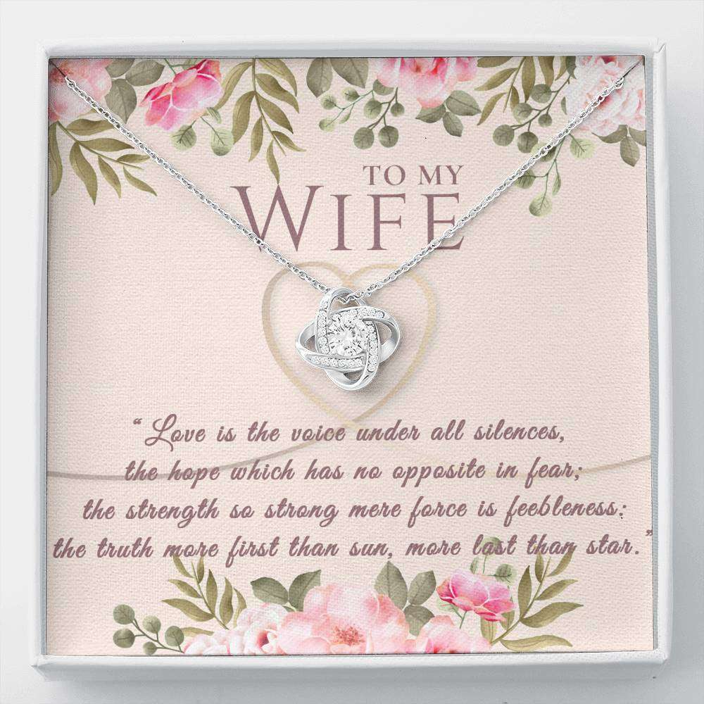Designs by MyUtopia Shout Out:To My Wife Crystal Necklace with Message Gift card - Love Knot Cubic Zirconia Necklace with Love is the Voice,Standard Box / 14k White Gold Finish,Love Knot Necklace