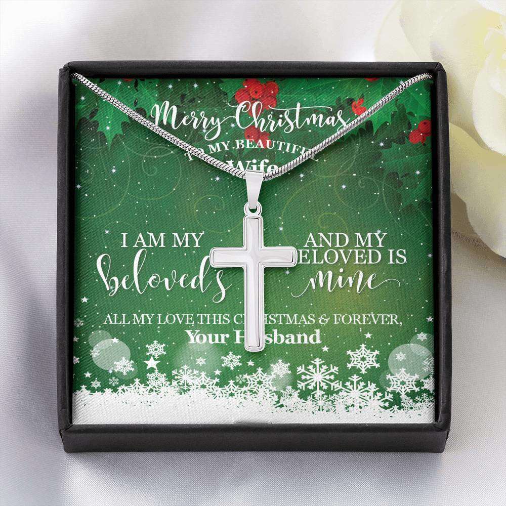 Designs by MyUtopia Shout Out:To My Wife Gift Necklace with Personalized Message Card - Artisan Cross Necklace with I Am My Beloveds,Standard Box / 14K White Gold Finish,Cross Necklace