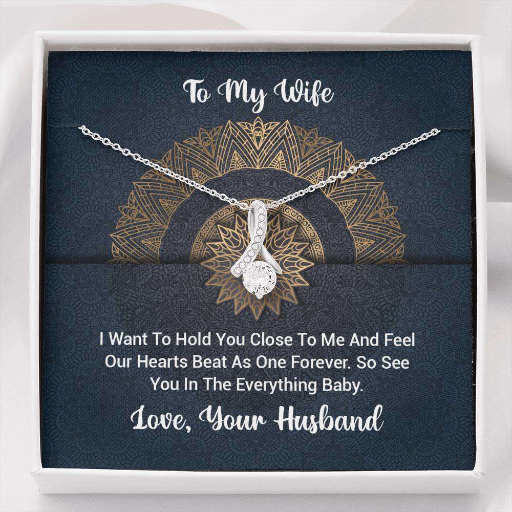 Designs by MyUtopia Shout Out:To My Wife Gift Necklace with Personalized Message Card - Cubic Zirconia Ribbon Necklace -  I want to hold you Message Card
