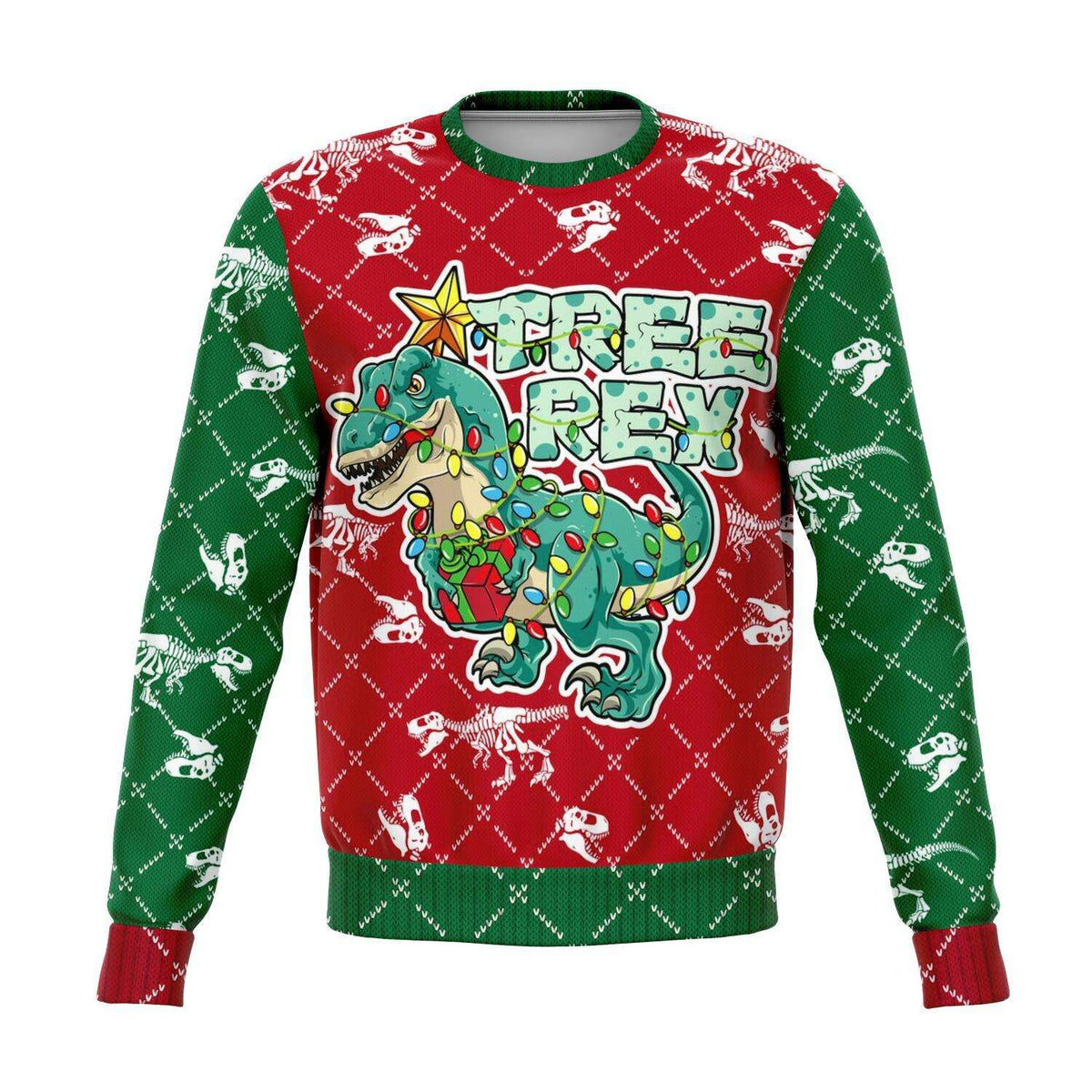 Designs by MyUtopia Shout Out:Tree Rex - Tree Dinosaur Funny 3D Ugly Christmas Holiday Sweater Style Fashion Sweatshirt,XS / Green/Red,Fashion Sweatshirt - AOP