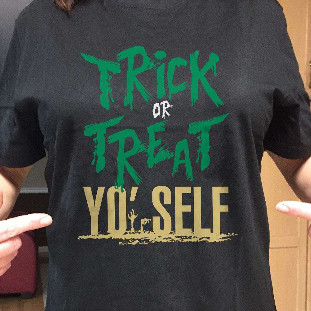 Designs by MyUtopia Shout Out:Trick or Treat Yo'Self Adult Unisex Cotton Short Sleeve T-Shirt