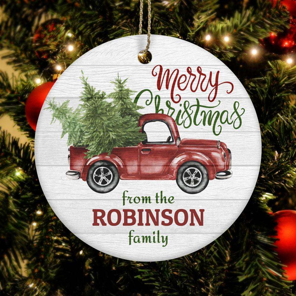 Designs by MyUtopia Shout Out:Truck Carrying Christmas Trees Personalized With Family Name Ceramic Circle Ornament