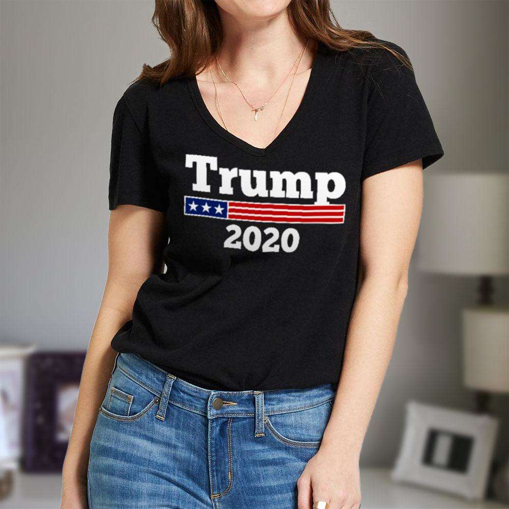 Designs by MyUtopia Shout Out:Trump 2020 US Flag Ladies' V-Neck T-Shirt