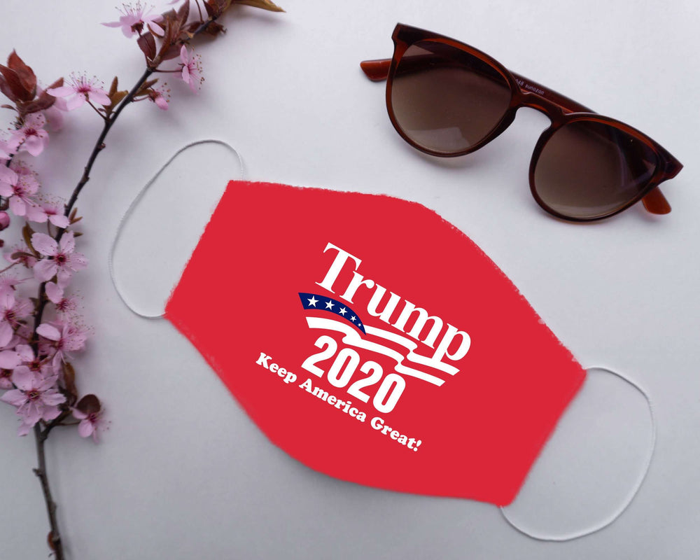 Designs by MyUtopia Shout Out:Trump 2020 Waiving Flag Adult Fabric Face Mask with Elastic Ear Loops