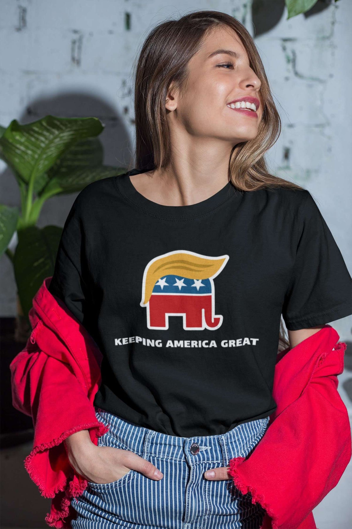 Designs by MyUtopia Shout Out:Trump Keeping America Great 2020 Patriotic Elephant Unisex Jersey Short-Sleeve T-Shirt
