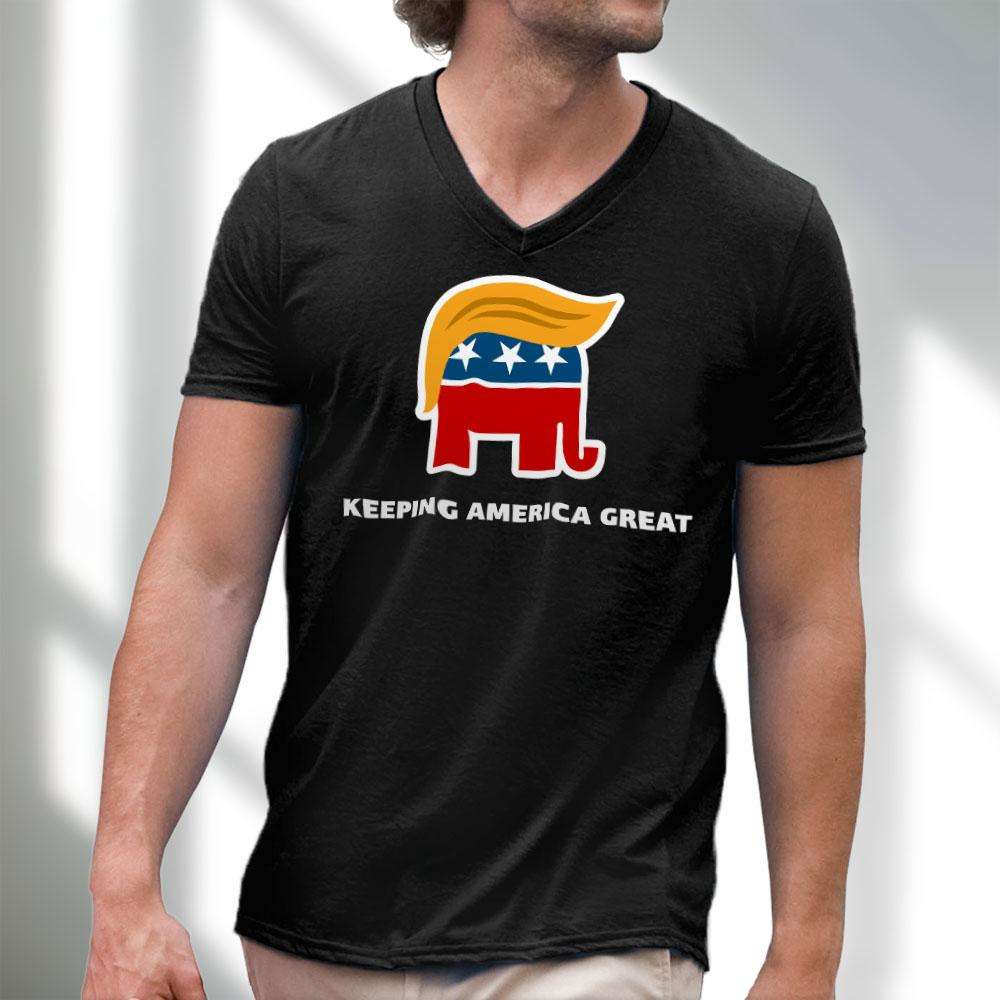 Designs by MyUtopia Shout Out:Trump Keeping America Great Elephant Men's Printed V-Neck T-Shirt