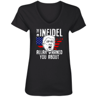 Load image into Gallery viewer, Designs by MyUtopia Shout Out:Trump The Infidel Ladies&#39; V-Neck T-Shirt,S / Black,Ladies T-Shirts
