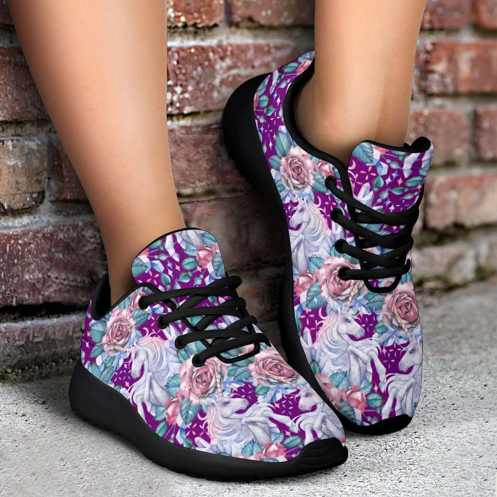 Designs by MyUtopia Shout Out:Unicorns and Roses on Purple Sport Sneakers