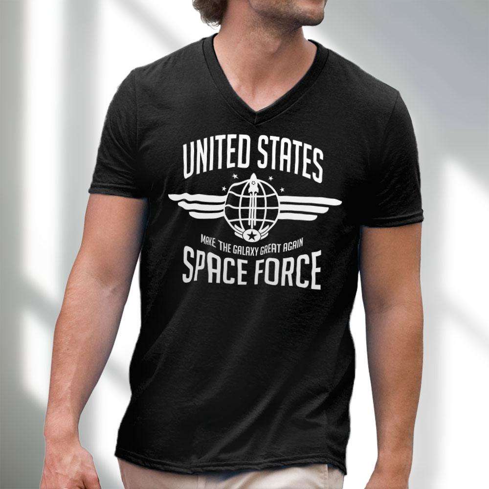 Designs by MyUtopia Shout Out:United States Space Force Trump Men's Printed V-Neck T-Shirt