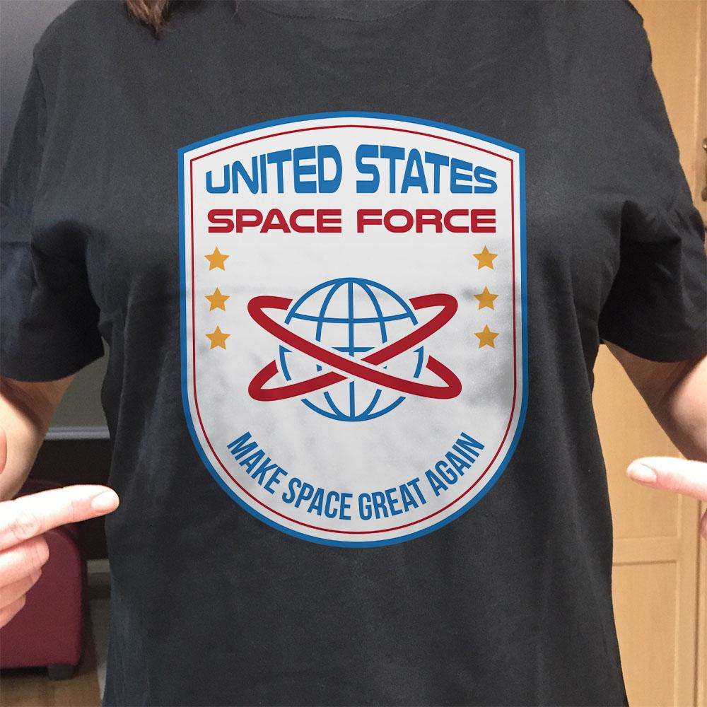 Designs by MyUtopia Shout Out:United States Space Force v4 Adult Unisex Black T-Shirt