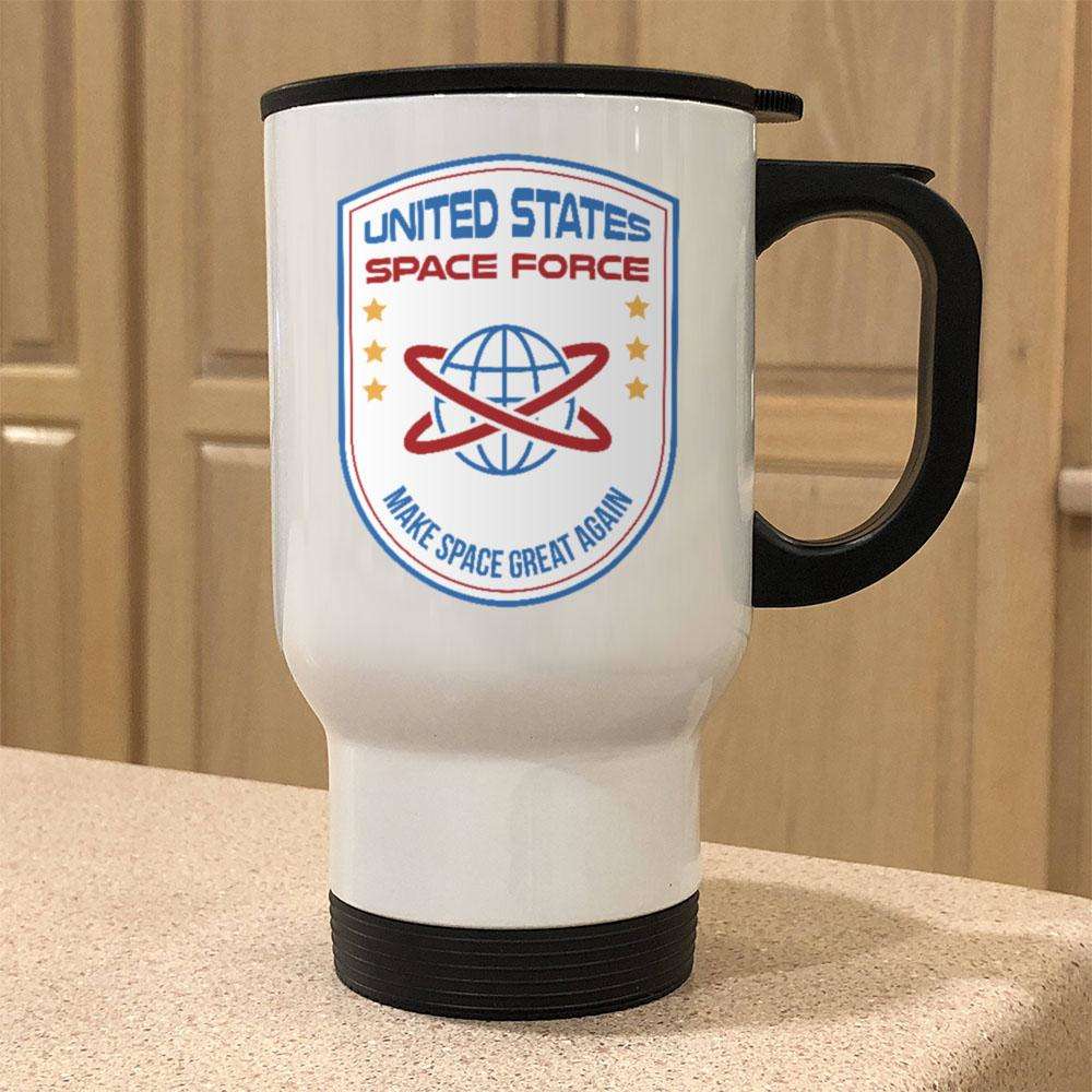 Designs by MyUtopia Shout Out:United States Space Force v4 Stainless Steel Travel Coffee Mug w. Twist Close Lid,White / 14 oz,Travel Mug