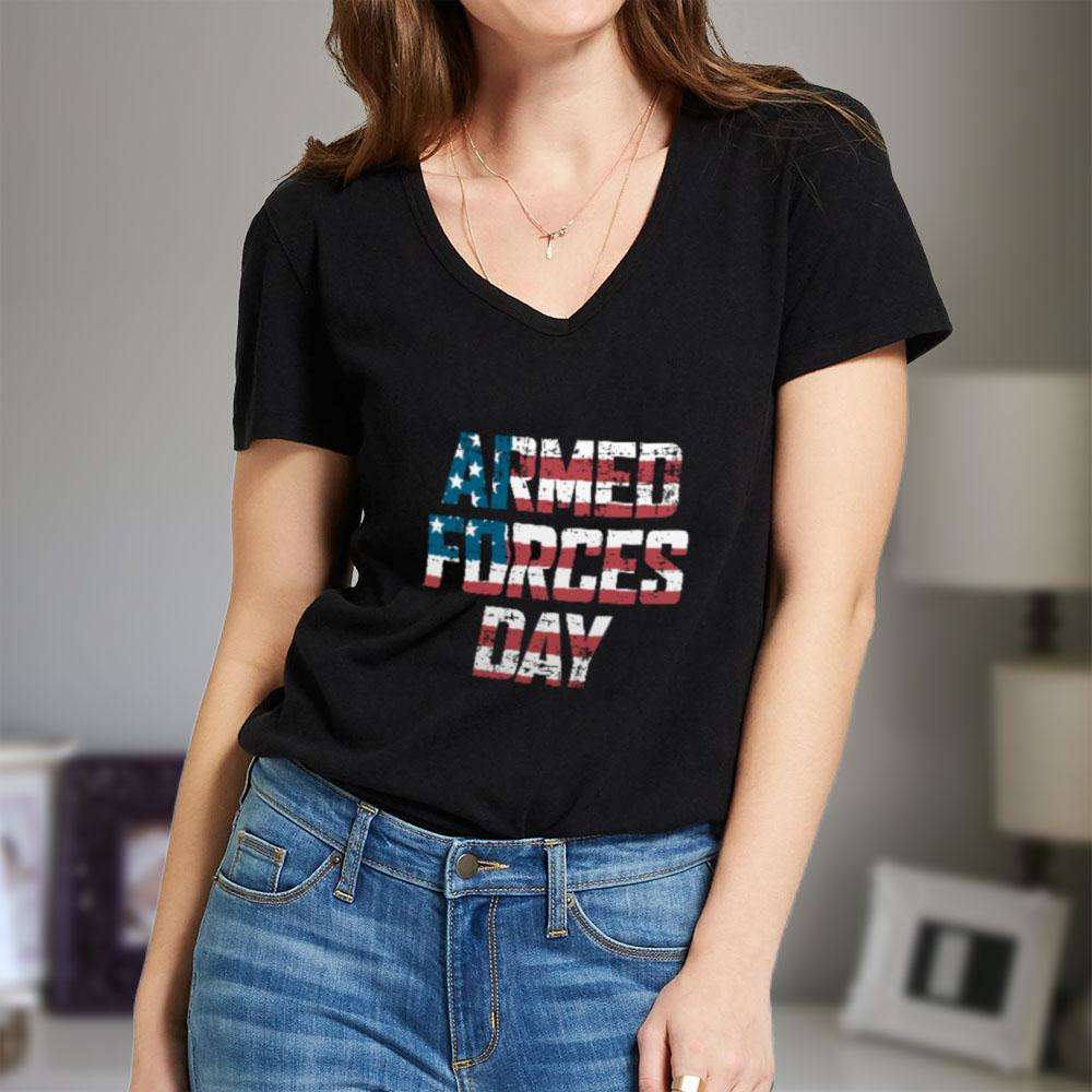 Designs by MyUtopia Shout Out:US Flag Armed Forces Day Ladies' V-Neck T-Shirt