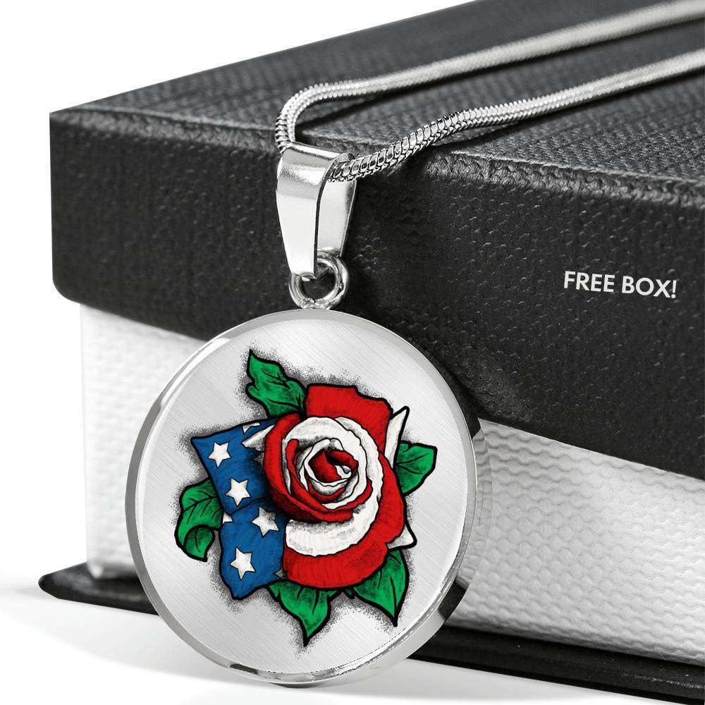 Designs by MyUtopia Shout Out:US Flag Rose Keepsake Engravable Liquid Glass Round Necklace