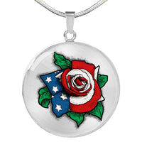 Load image into Gallery viewer, Designs by MyUtopia Shout Out:US Flag Rose Keepsake Engravable Liquid Glass Round Necklace,Silver / No,Necklace
