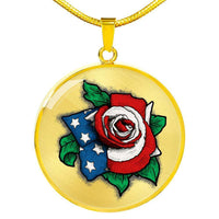 Load image into Gallery viewer, Designs by MyUtopia Shout Out:US Flag Rose Keepsake Engravable Liquid Glass Round Necklace,Gold / No,Necklace
