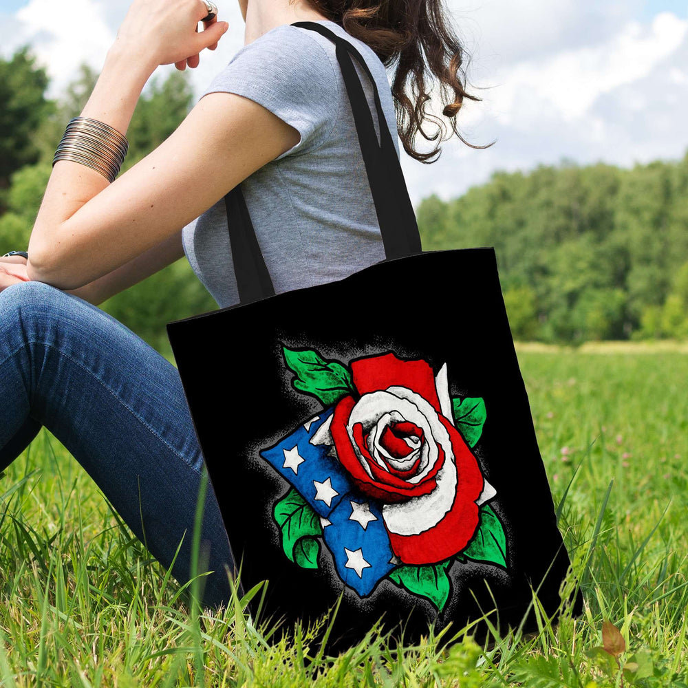 Designs by MyUtopia Shout Out:US Flag Rose Patriotic Fabric Totebag Reusable Shopping Tote