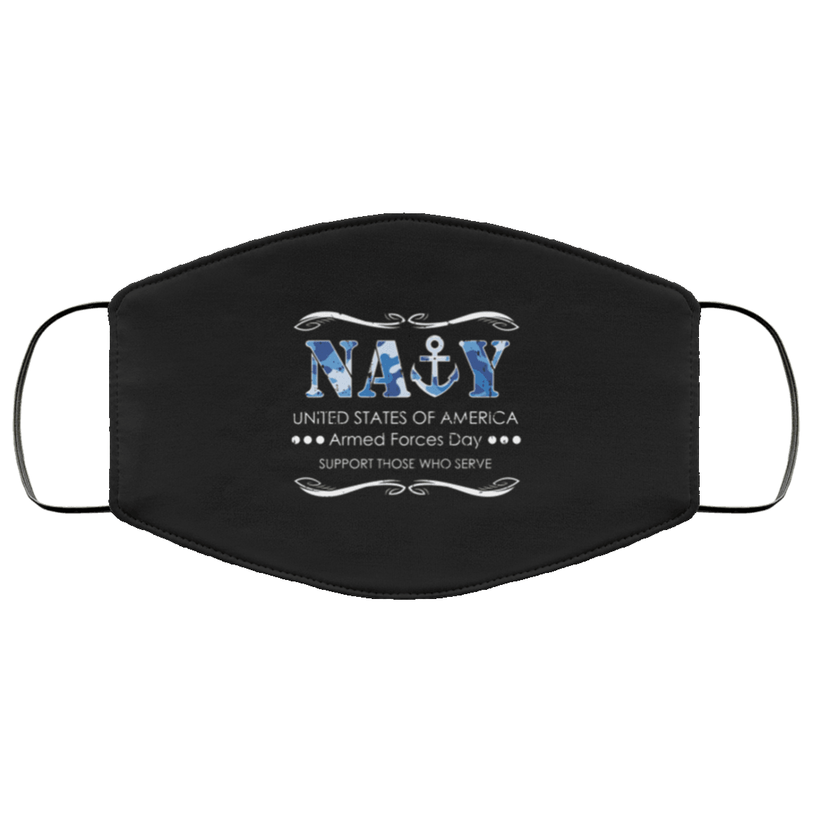 Designs by MyUtopia Shout Out:US Navy Armed Forces Day Adult Fabric Face Mask with Elastic Ear Loops,3 Layer Fabric Face Mask / Black / Adult,Fabric Face Mask