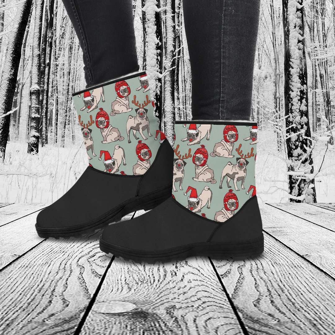 Designs by MyUtopia Shout Out:Vegan Suede Fur Boots - Pug Christmas