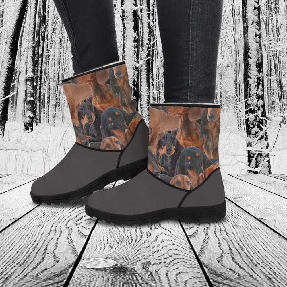 Designs by MyUtopia Shout Out:Vegan Suede / Fur Boots Doxie print