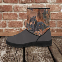 Load image into Gallery viewer, Designs by MyUtopia Shout Out:Vegan Suede / Fur Boots Doxie print,Ladies US5.5 (EU36) / Grey/Brown,Fur Boots

